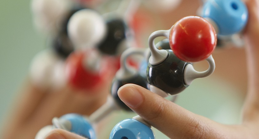 Researcher with a plastic model of a molecule