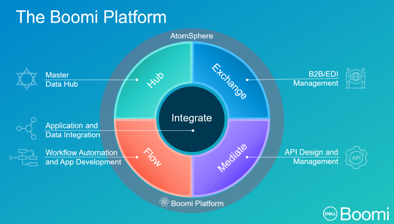 Dell Boomi Schematic: Pictogram of the core "Elements" of the Boomi platform.