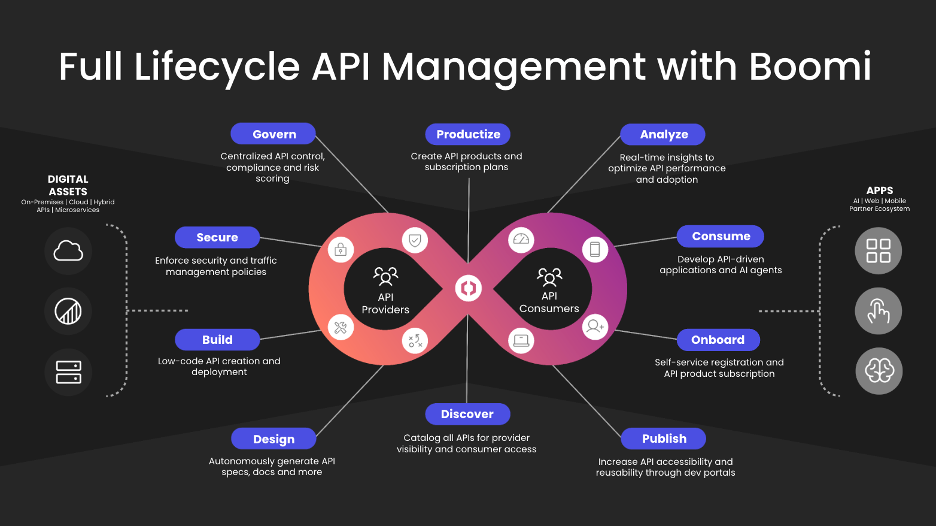 Boomi Full Lifecycle API Management framework with 10 operational stages from governance to discovery.