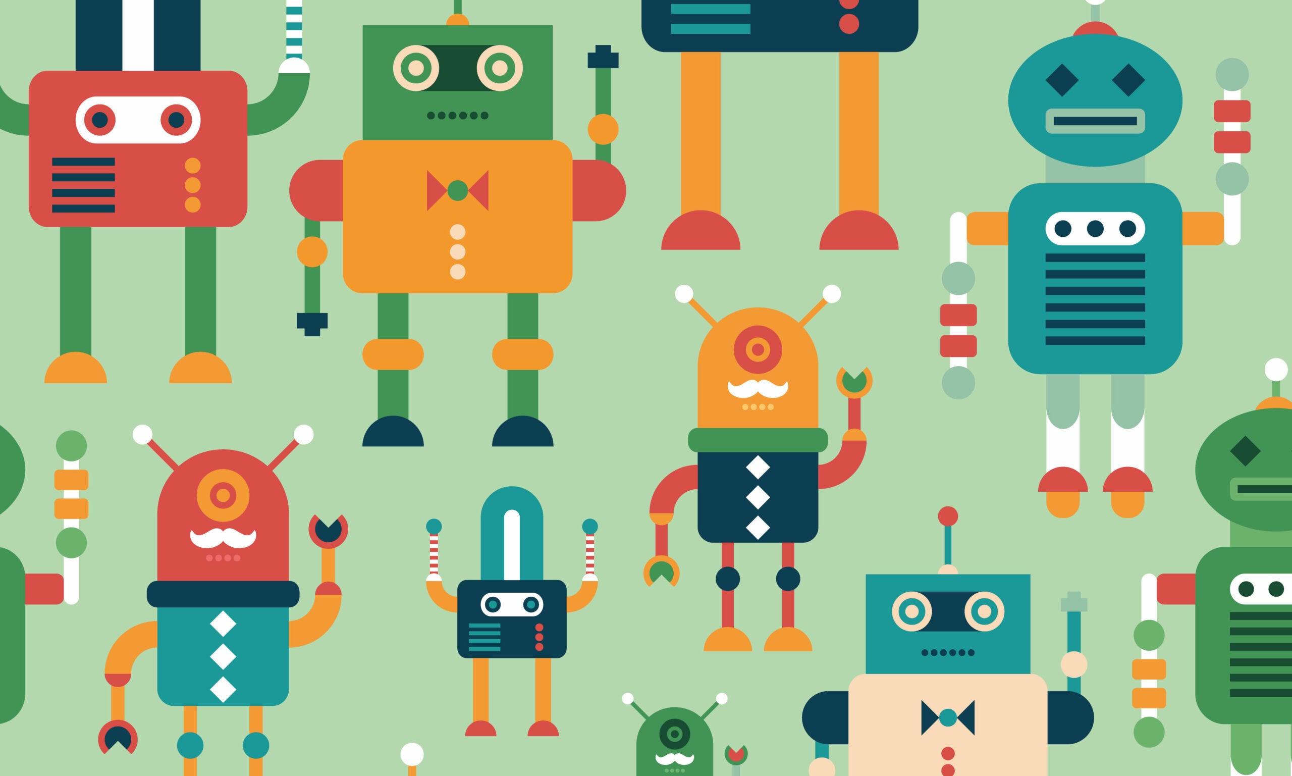 Illustration of various colorful, cute robots.