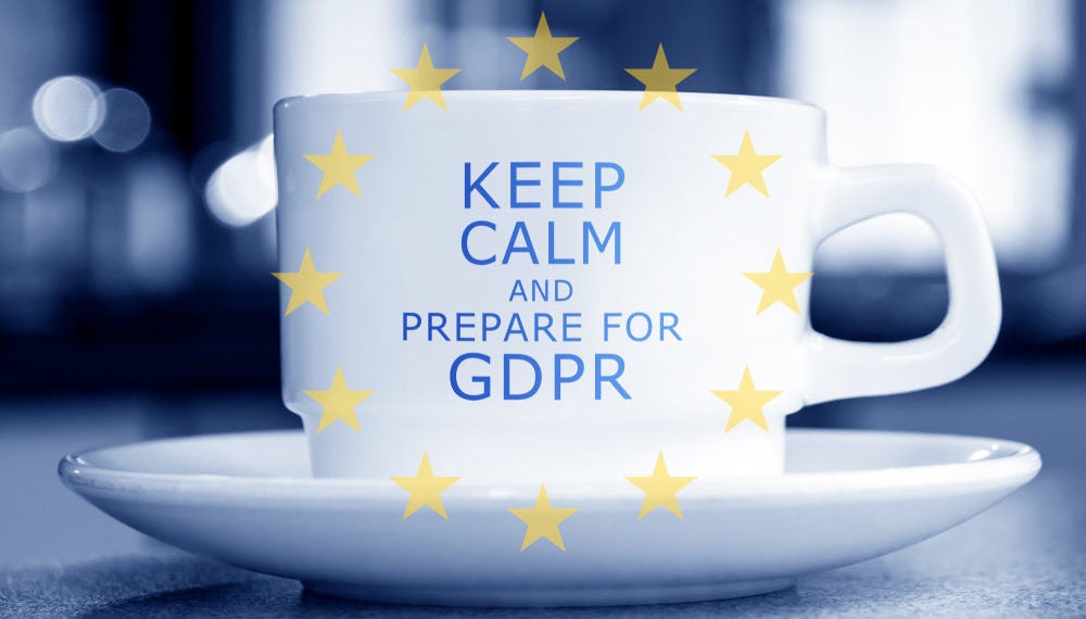 Coffee cup that reads: "Keep Calm and prepare for GDPR"