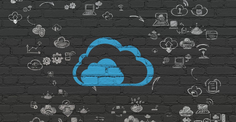 Cloud networking concept: Painted blue Cloud icon on Black Brick wall background with Scheme Of Hand Drawn Cloud Technology Icons