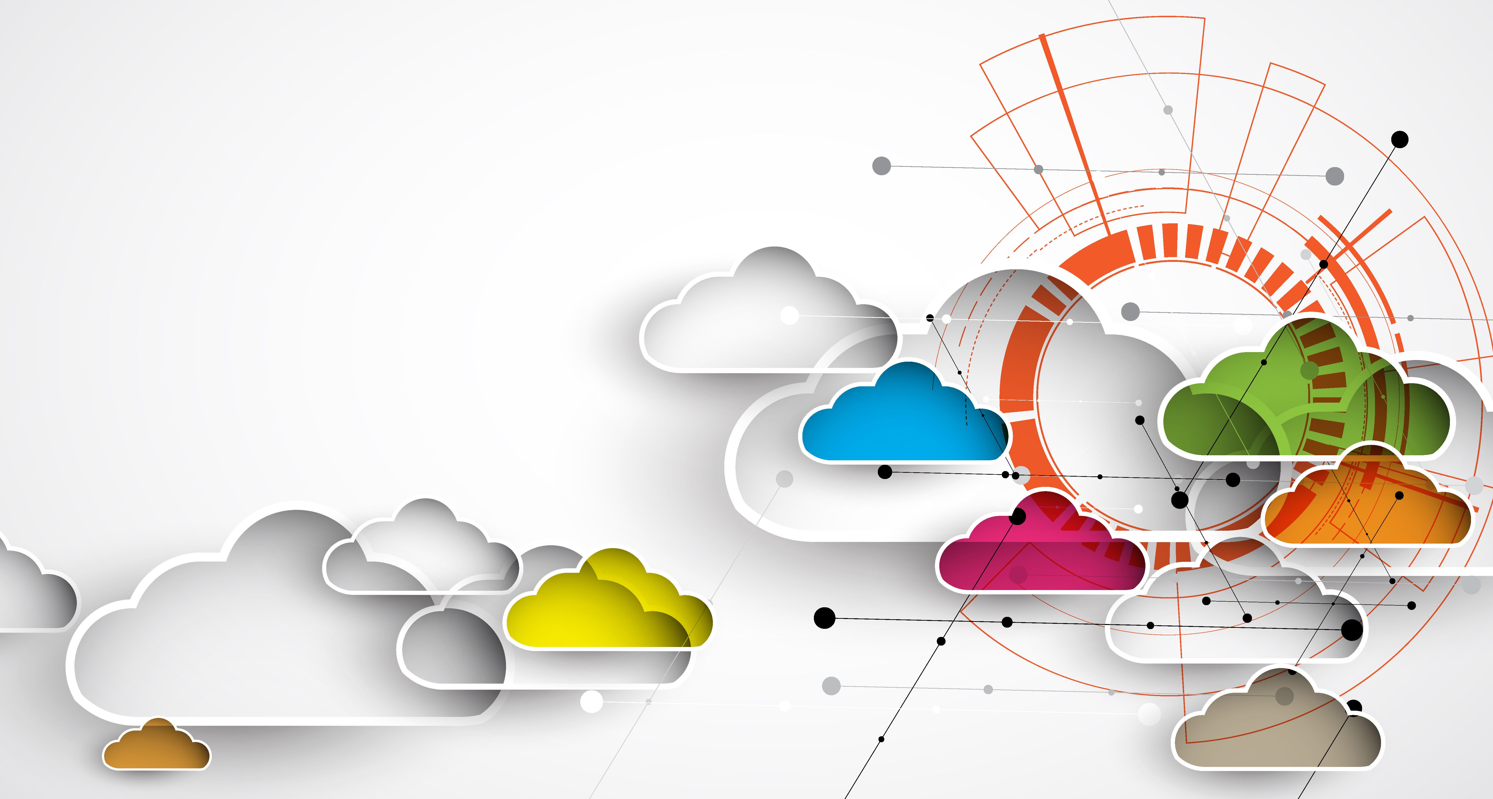 Illustration of colorful clouds with compass, geometric graphics. Modern cloud technology. Integrated digital web concept background.