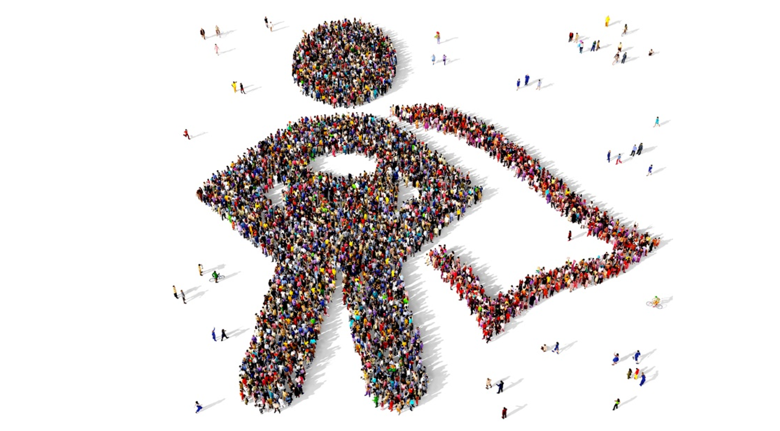 Crowd of people in the shape of a superhero.