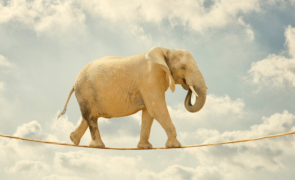 Elephant walking on rope, outdoors, in the clouds