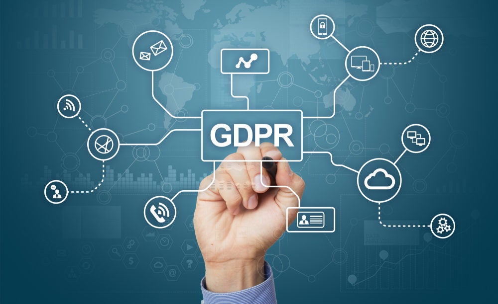 Hand drawing "GDPR" schematic network map on transparent white board