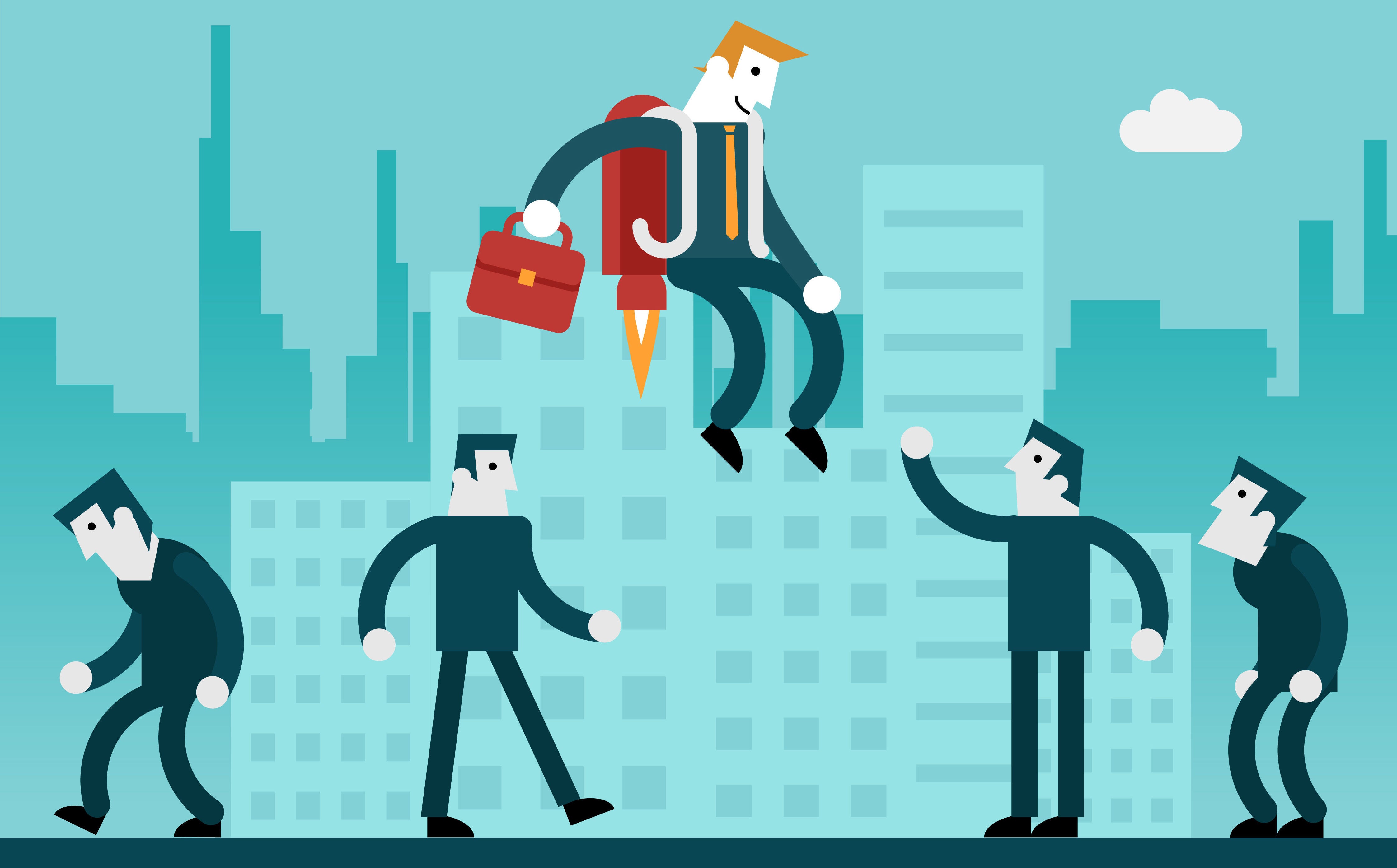 Illustration of businessman with jetpack rising about his peers.
