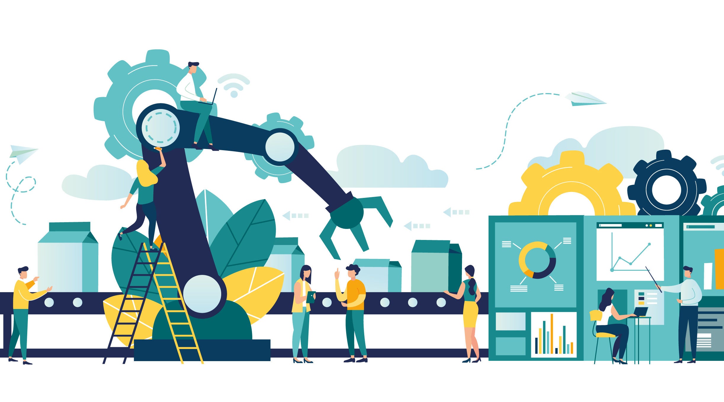 Vector illustration, a production line with workers, automation and user interface concept: user connecting with a tablet and sharing data with a cyber-physical system, Smart industry 4.0