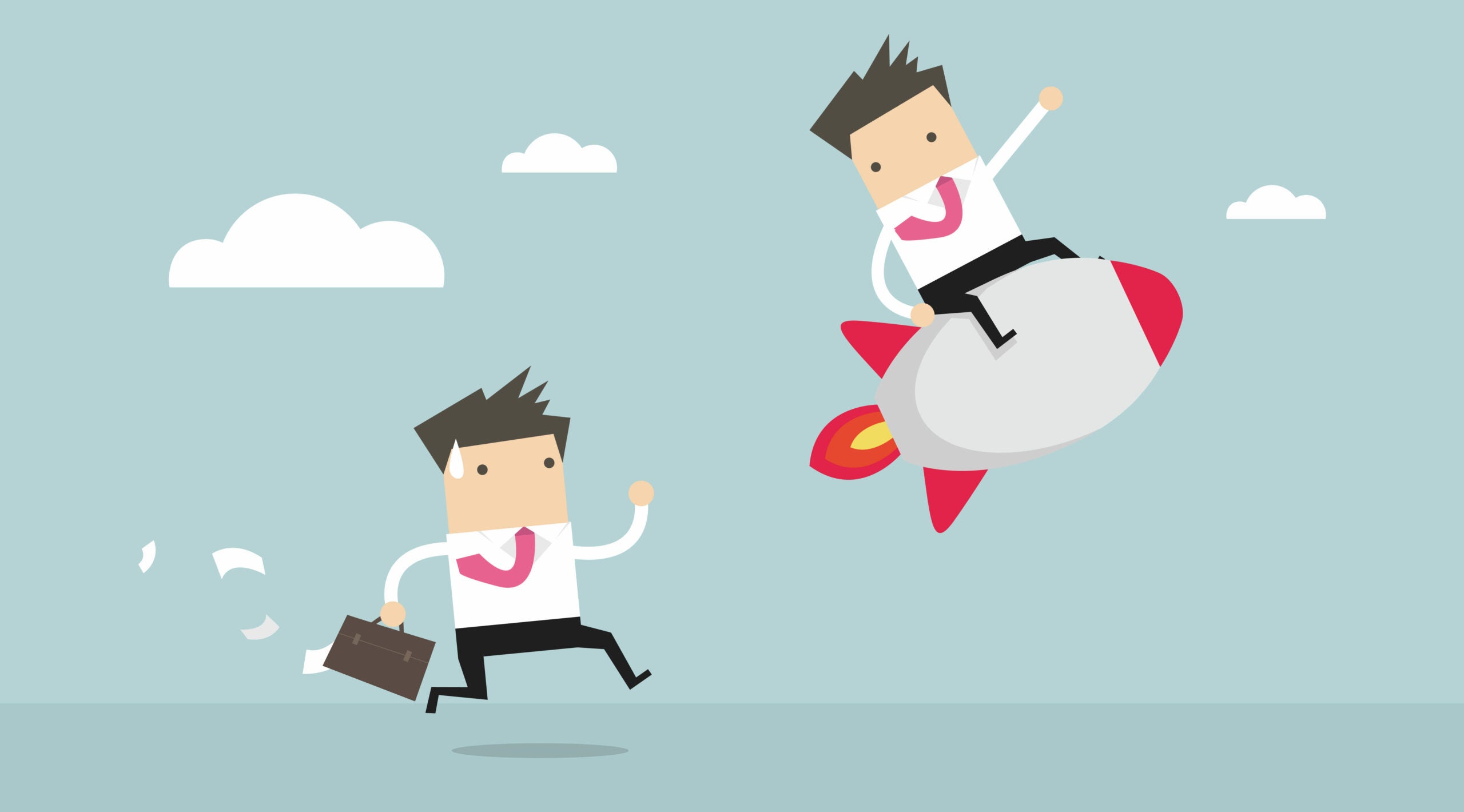 Illustration about competitive advantage. It shows businessman on a rocket, leaving behind another businessman running with a briefcase, papers flying out, trying to catch up.