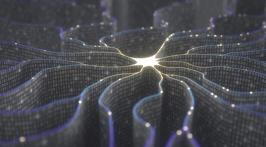 Replica of a synaptic nerve node, with ribbons covered in digital computer "1s and Os."