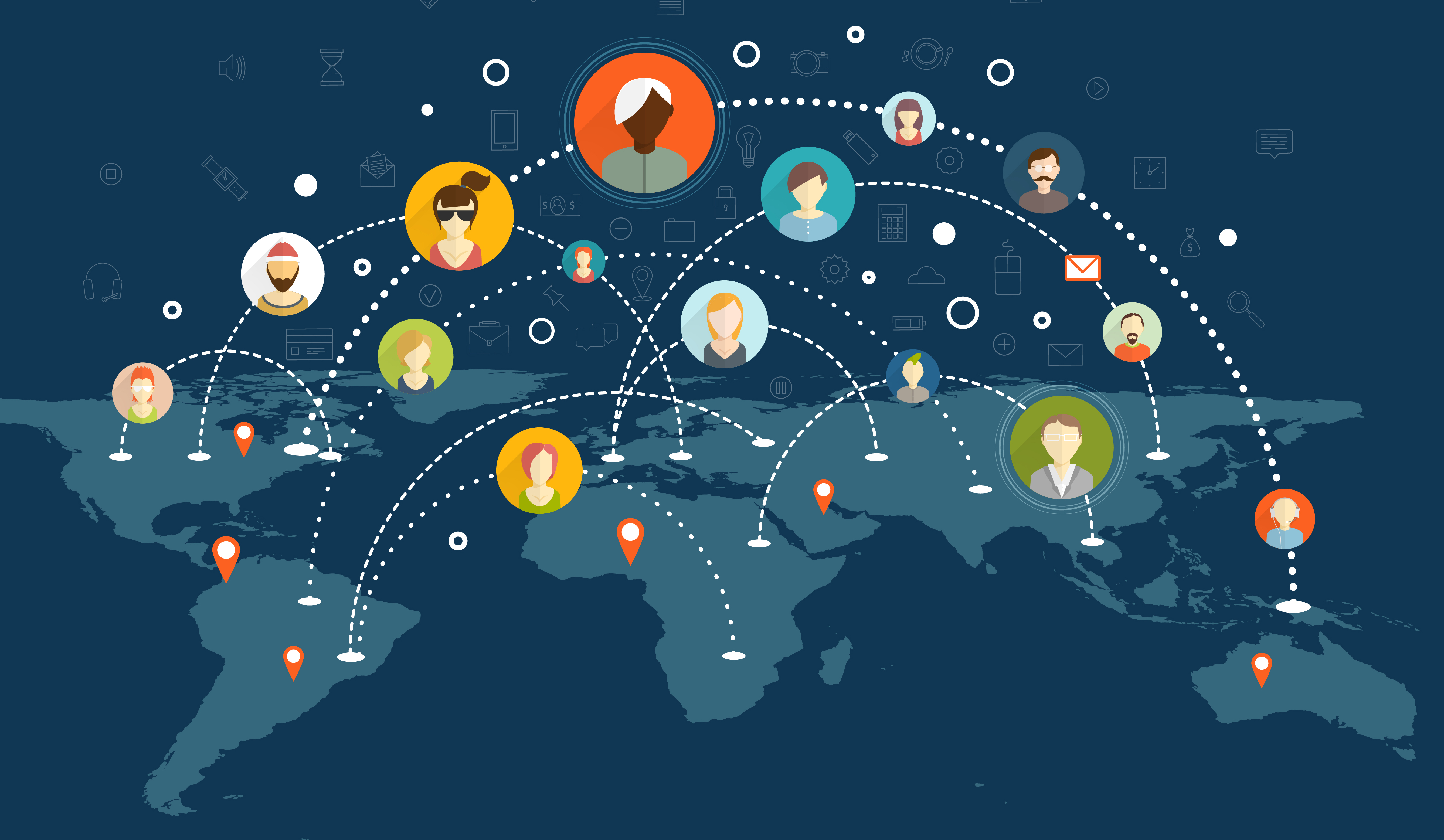 Schematic representation of social network, overlaid on world map