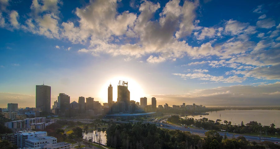 Photo of sunrise, skyline of Perth, Australia