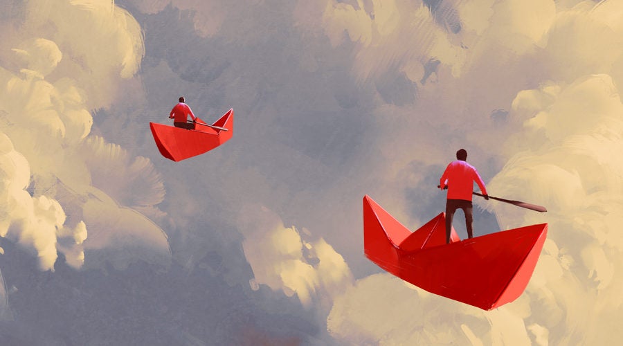 men on origami red paper boats floating in the cloudy sky, illustration painting