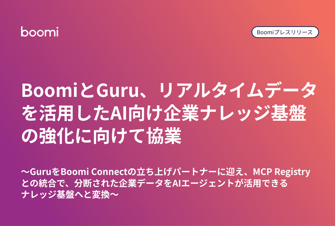 Boomi プレスリリースサムネイル：BoomiとGuruがリアルタイムデータを活用したAI向け企業ナレッジ基盤の強化に向けて協業